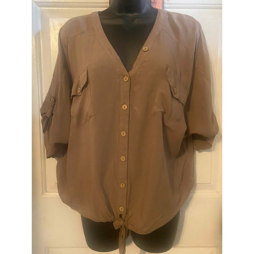 Womens Taupe Utility Button Down Tie Front Blouse Sz L. Forever 21